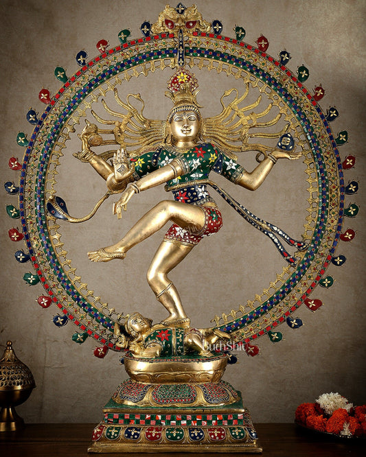 Large Handcrafted Superfine Brass Nataraja | 36" Tall | With Stonework - Budhshiv.com