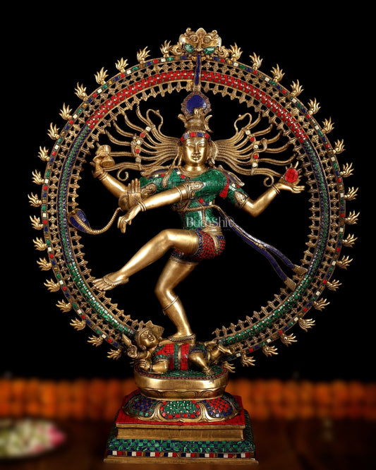 Large Handcrafted Superfine Brass Nataraja Statue by BudhShiv | 36" Tall | With Stonework - Budhshiv.com