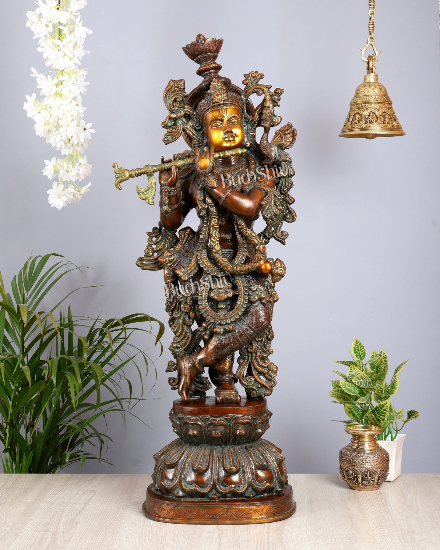 Large Lord Krishna 36" Brass Sculpture – Chola Style - Budhshiv.com