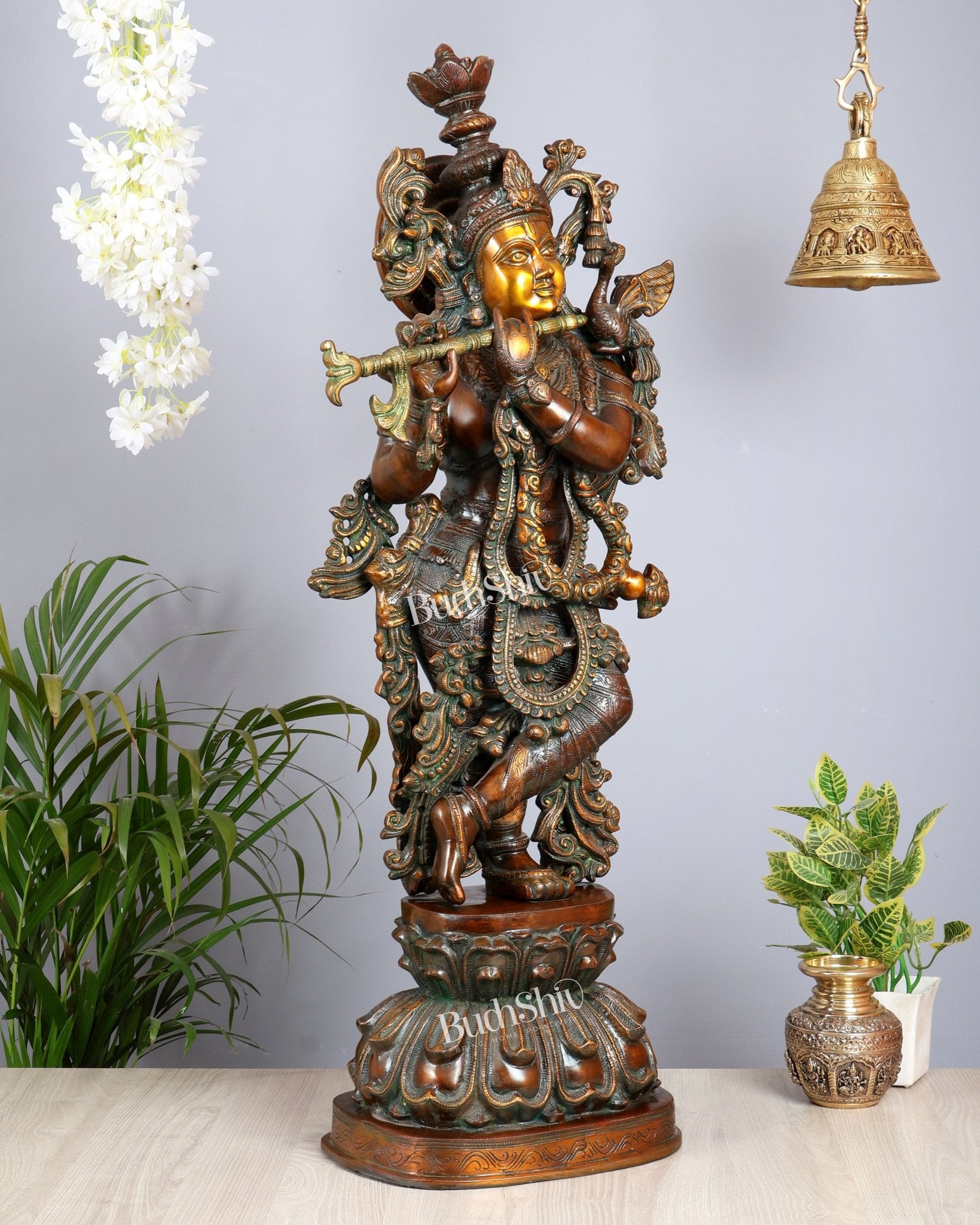 Large Lord Krishna 36" Brass Sculpture – Chola Style - Budhshiv.com