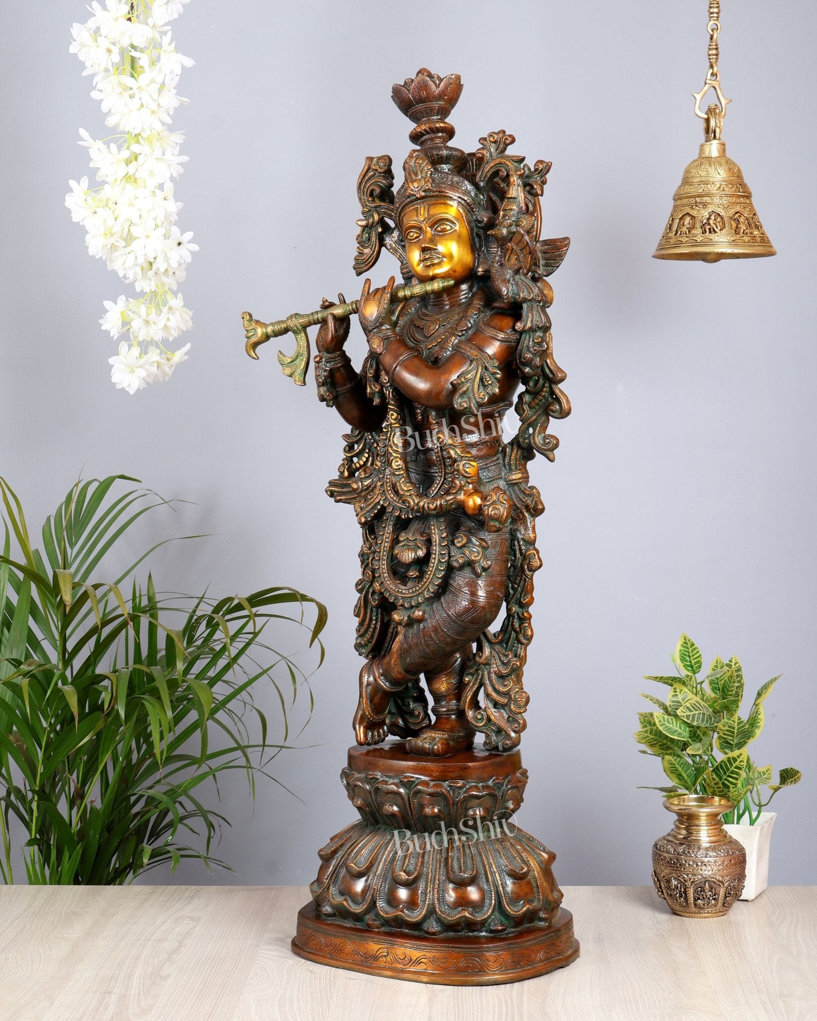 Large Lord Krishna 36" Brass Sculpture – Chola Style - Budhshiv.com