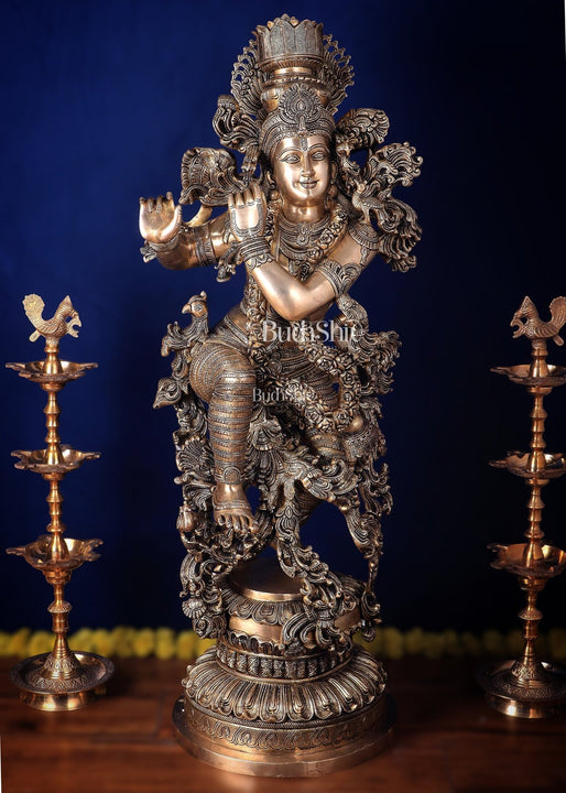 Large Lord Krishna Superfine Brass Sculpture - 48 inch, 75 kg - Budhshiv.com