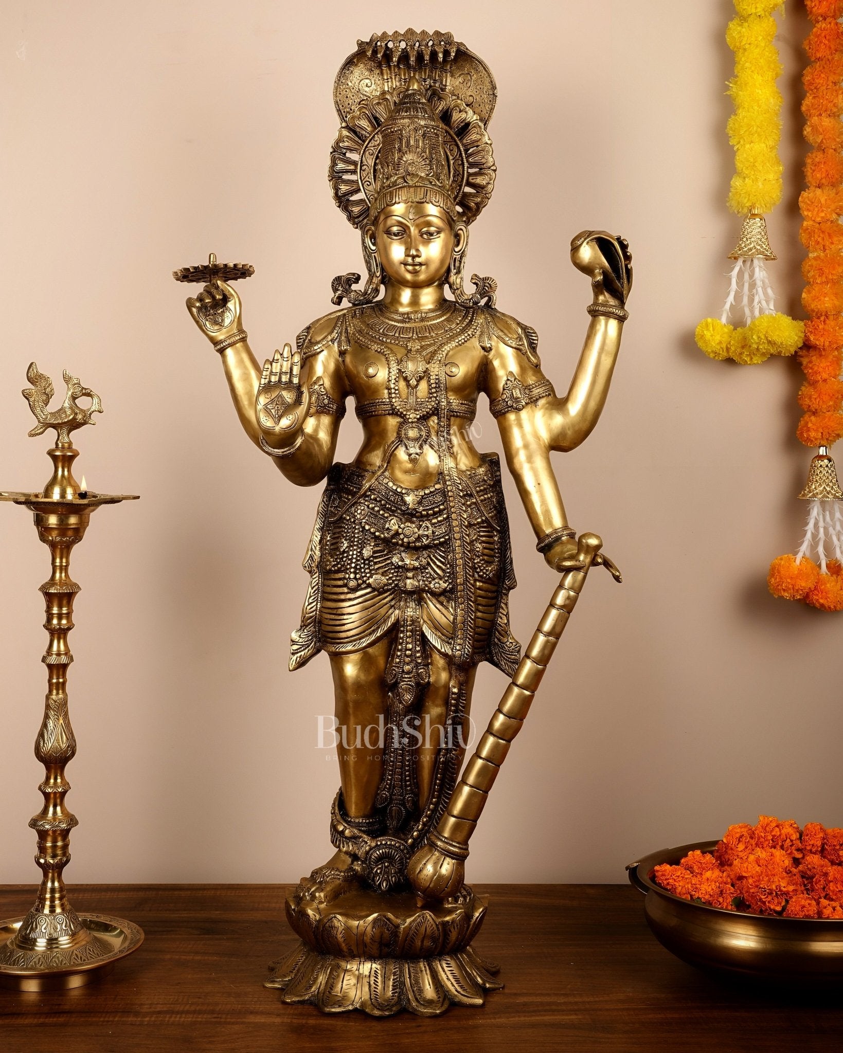 Large Lord Vishnu Brass Idol - 40 Inch Height - Budhshiv.com