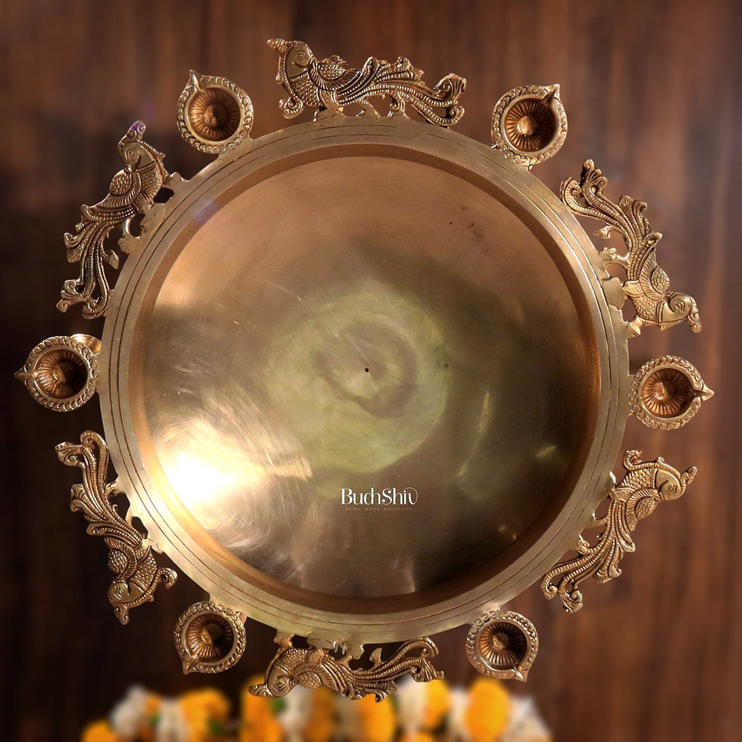 Large Peacock Urli with Diyas and Bells 21" round - Budhshiv.com