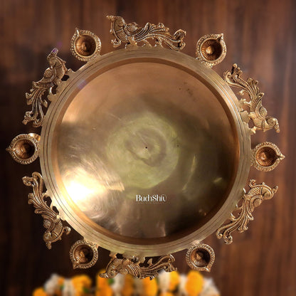 Large Peacock Urli with Diyas and Bells 21" round - Budhshiv.com