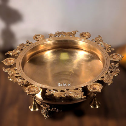 Large Peacock Urli with Diyas and Bells 21" round - Budhshiv.com