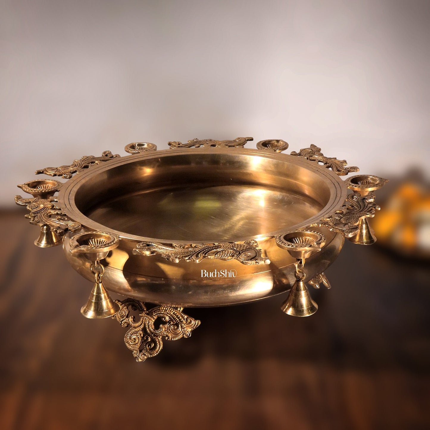 Large Peacock Urli with Diyas and Bells 21" round - Budhshiv.com