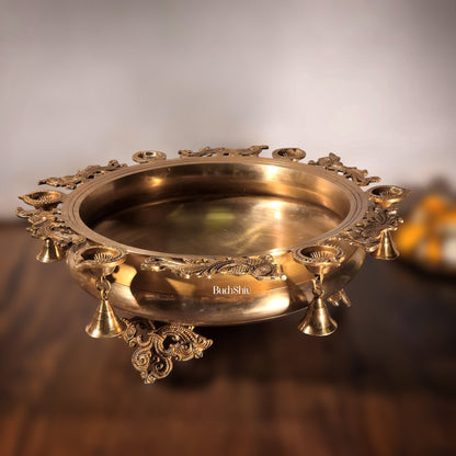 Large Peacock Urli with Diyas and Bells 21" round - Budhshiv.com