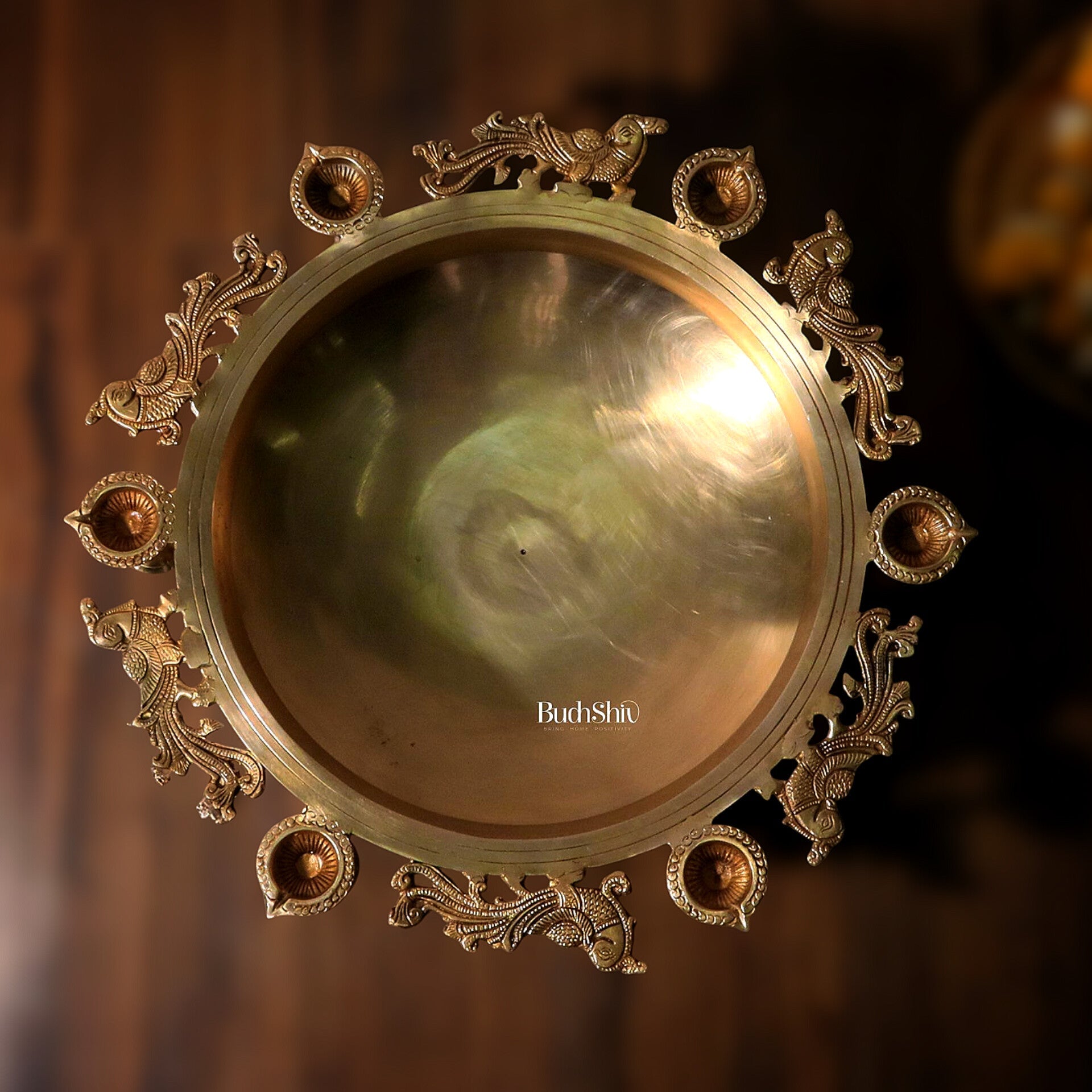 Large Peacock Urli with Diyas and Bells 21" round - Budhshiv.com