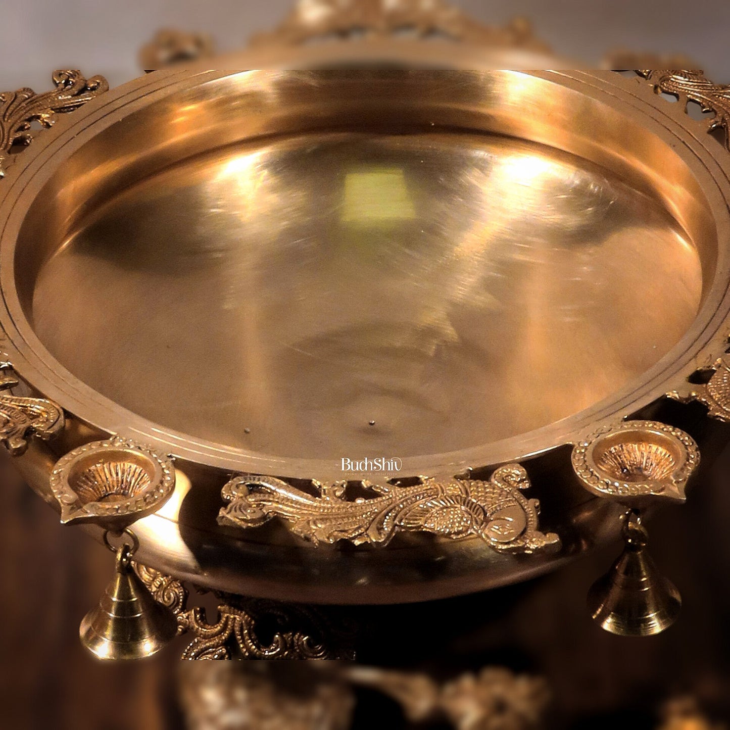 Large Peacock Urli with Diyas and Bells 21" round - Budhshiv.com