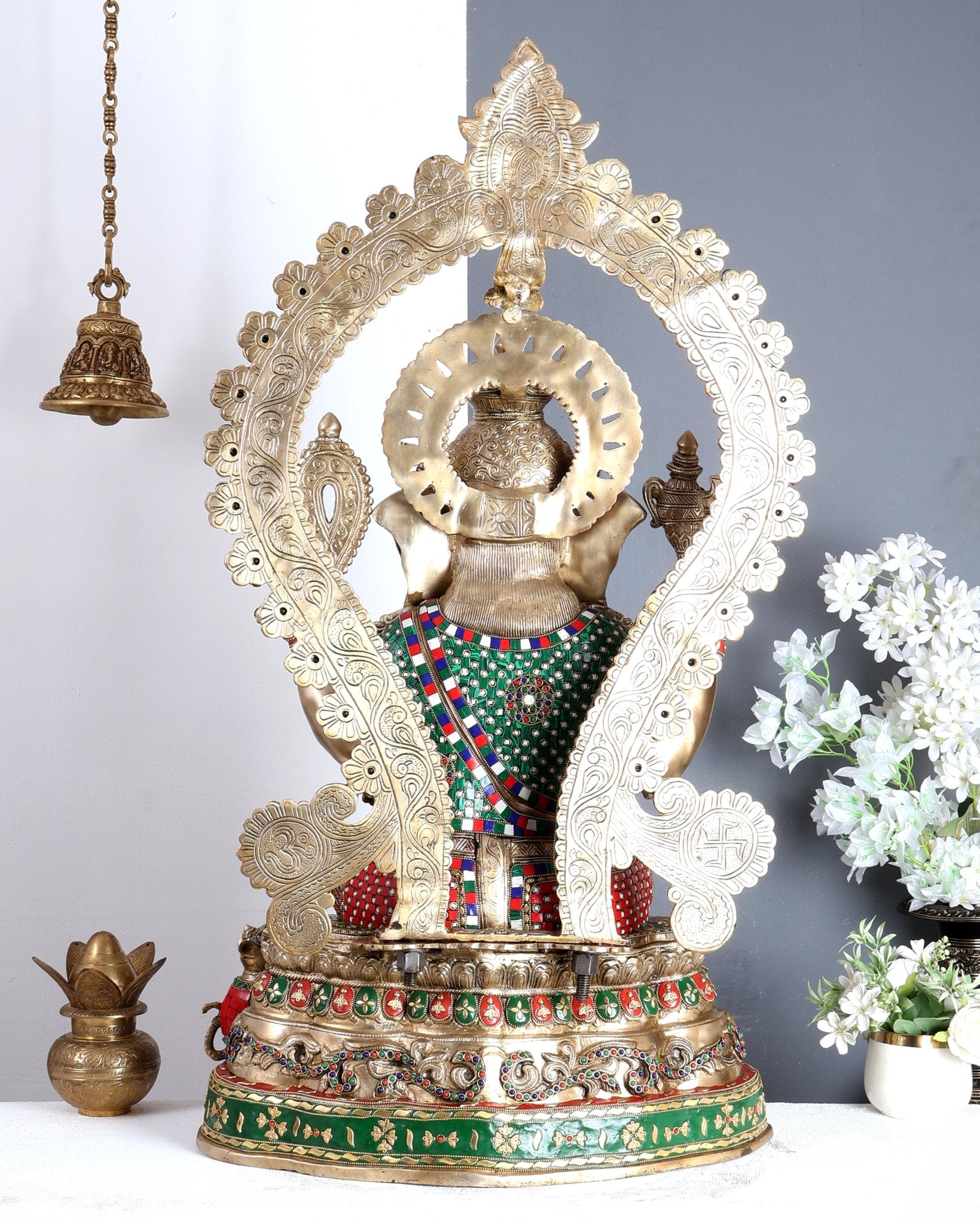 Large Pure Brass Ganesha Statue - 40 inch with stonework - Budhshiv.com