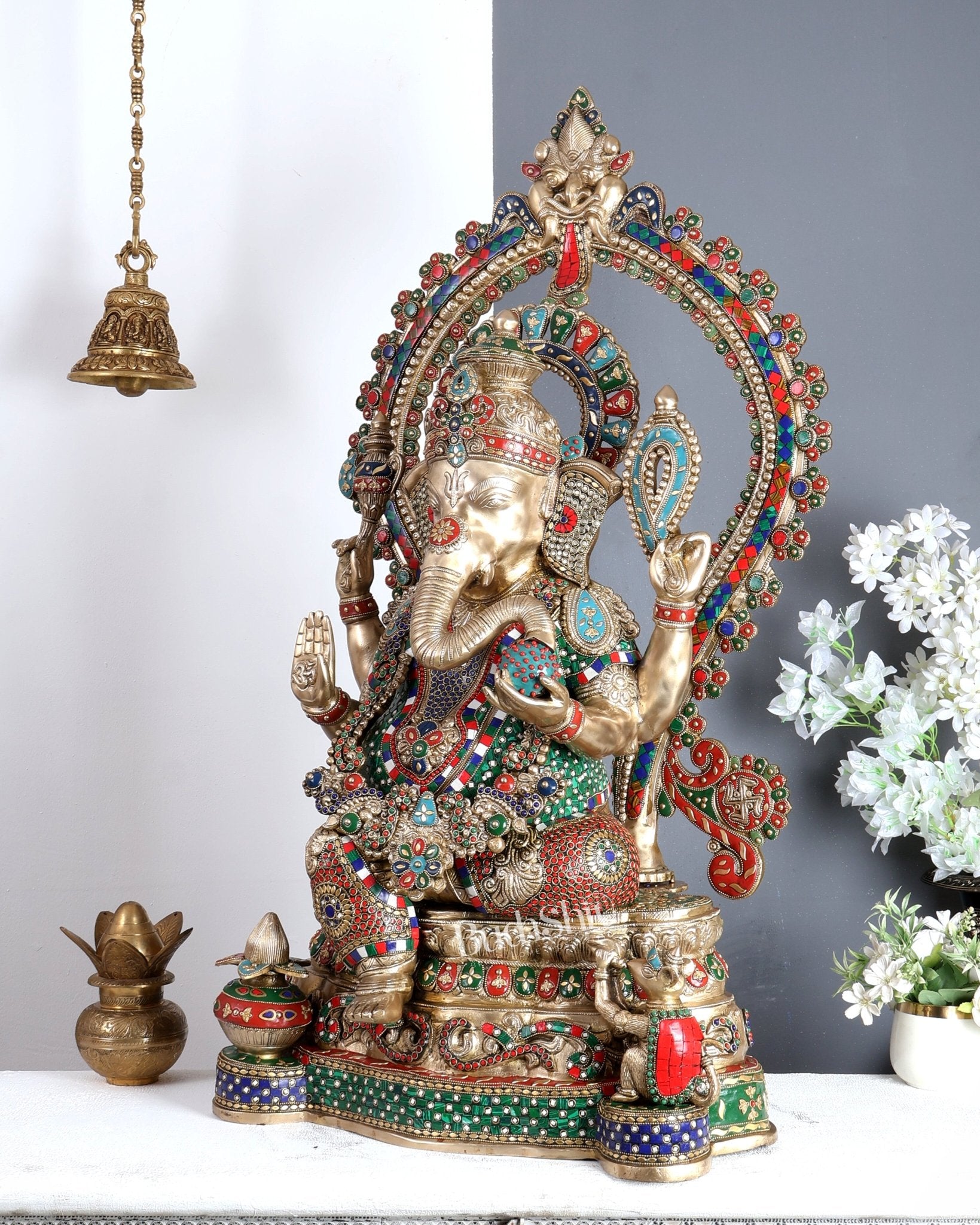 Large Pure Brass Ganesha Statue - 40 inch with stonework - Budhshiv.com