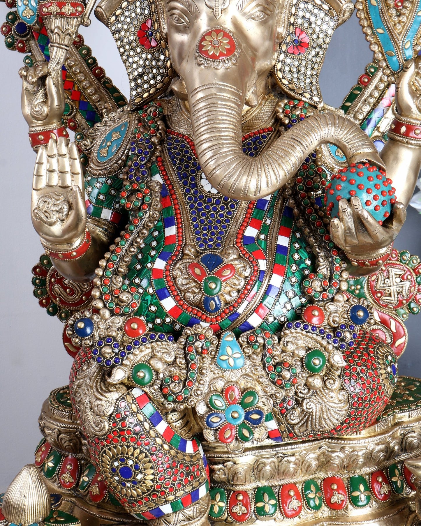 Large Pure Brass Ganesha Statue - 40 inch with stonework - Budhshiv.com