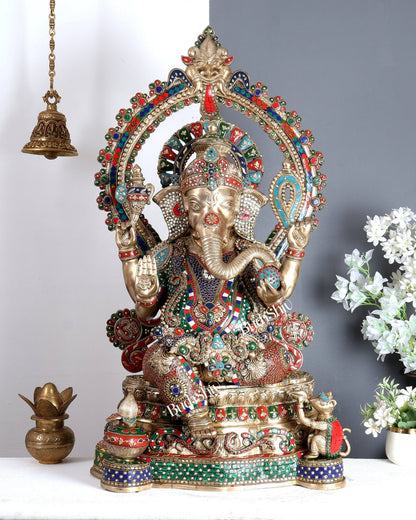 Large Pure Brass Ganesha Statue - 40 inch with stonework - Budhshiv.com