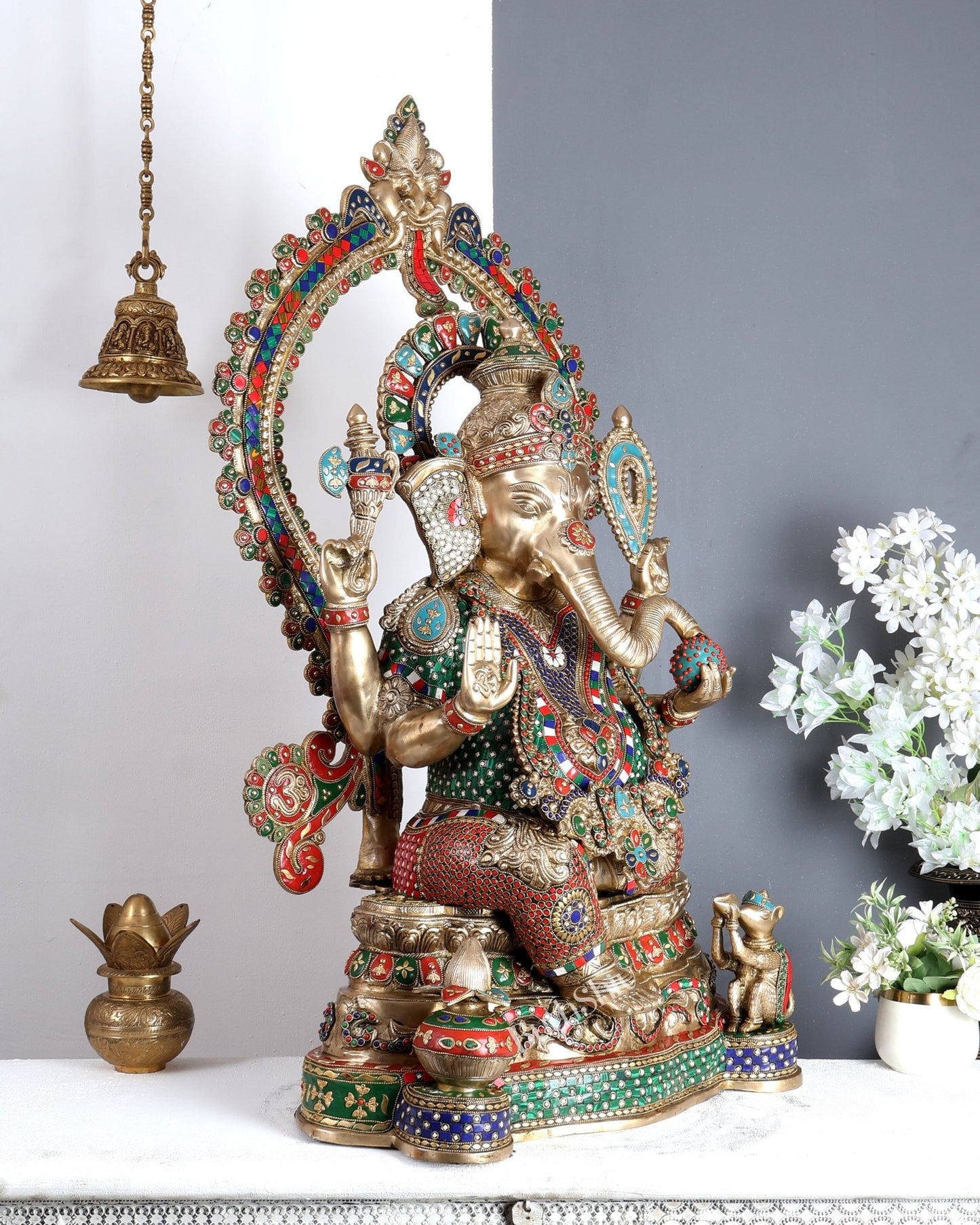 Large Pure Brass Ganesha Statue - 40 inch with stonework - Budhshiv.com
