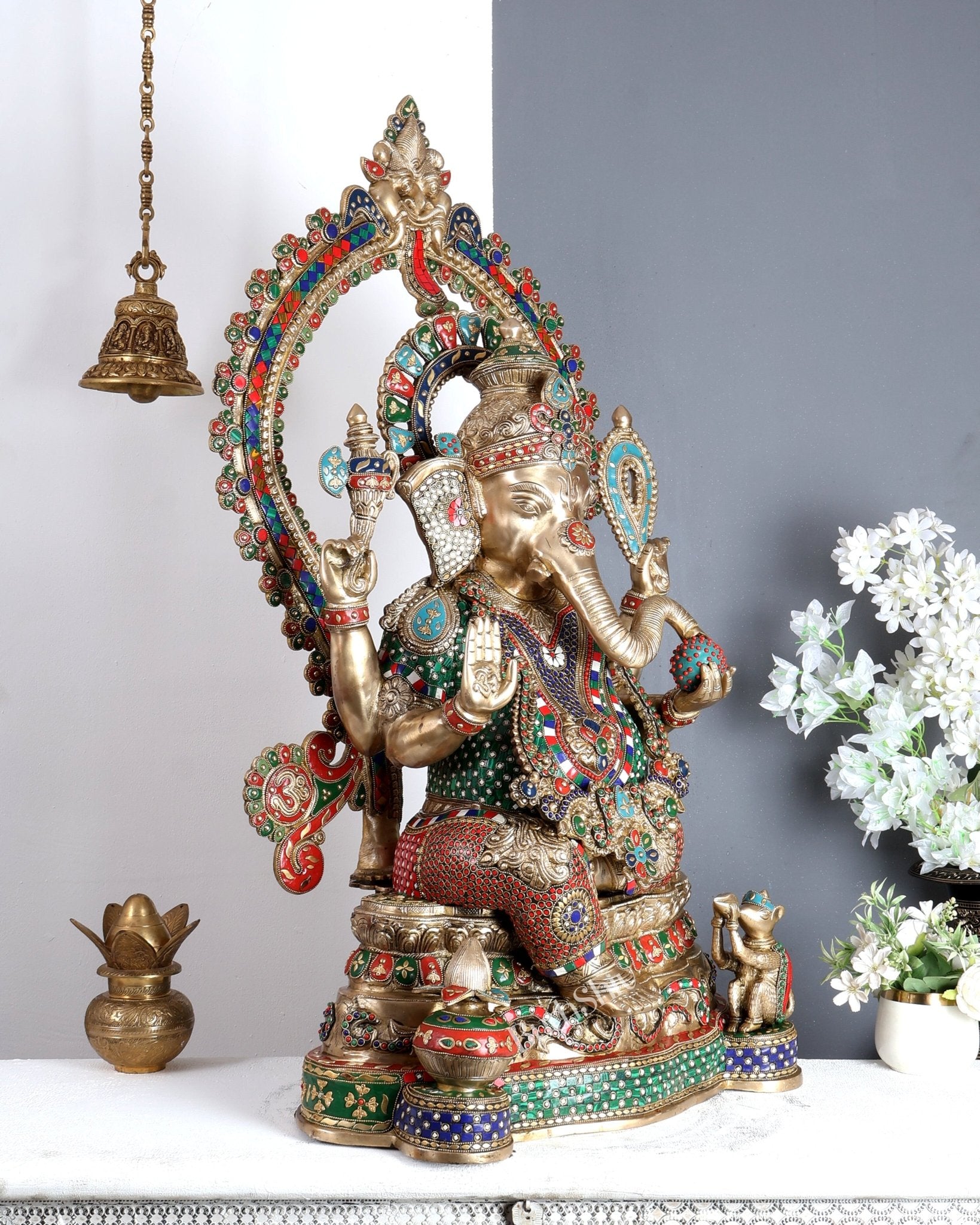 Large Pure Brass Ganesha Statue - 40 inch with stonework - Budhshiv.com