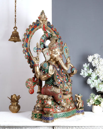 Large Pure Brass Ganesha Statue - 40 inch with stonework - Budhshiv.com
