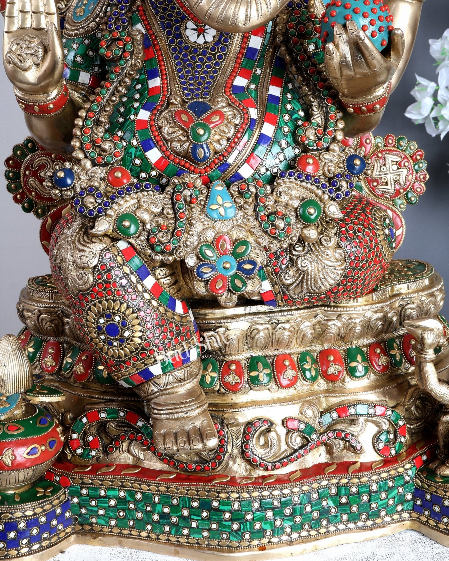 Large Pure Brass Ganesha Statue - 40 inch with stonework - Budhshiv.com