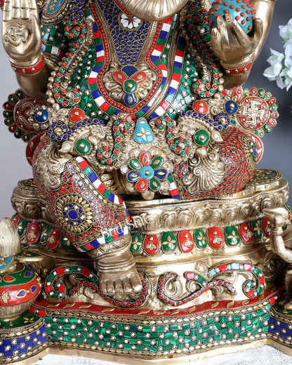 Large Pure Brass Ganesha Statue - 40 inch with stonework - Budhshiv.com
