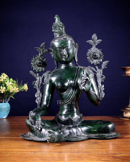 Large Pure Brass Green Tara Idol 13" agate green stone finish - Budhshiv.com