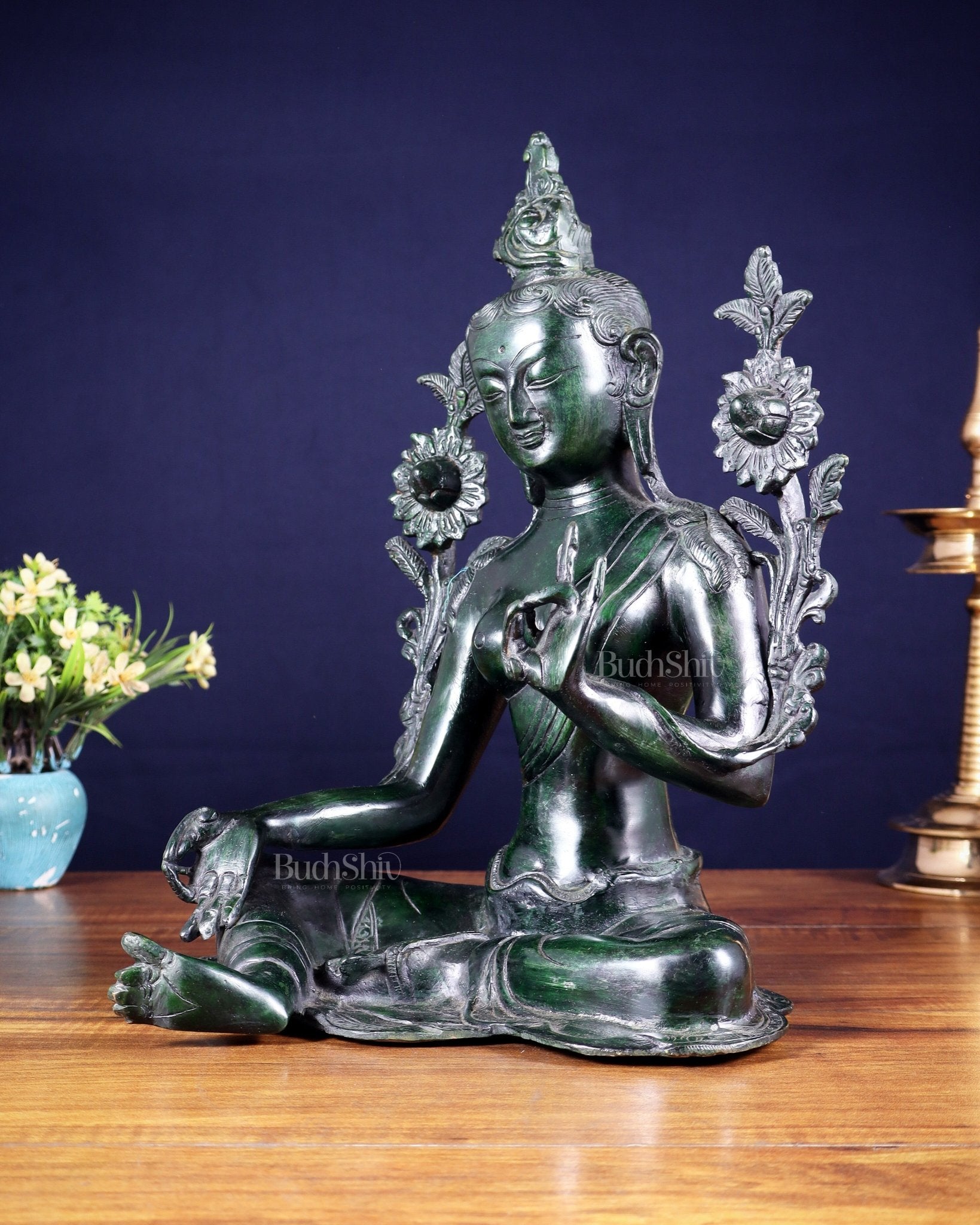 Large Pure Brass Green Tara Idol 13" agate green stone finish - Budhshiv.com