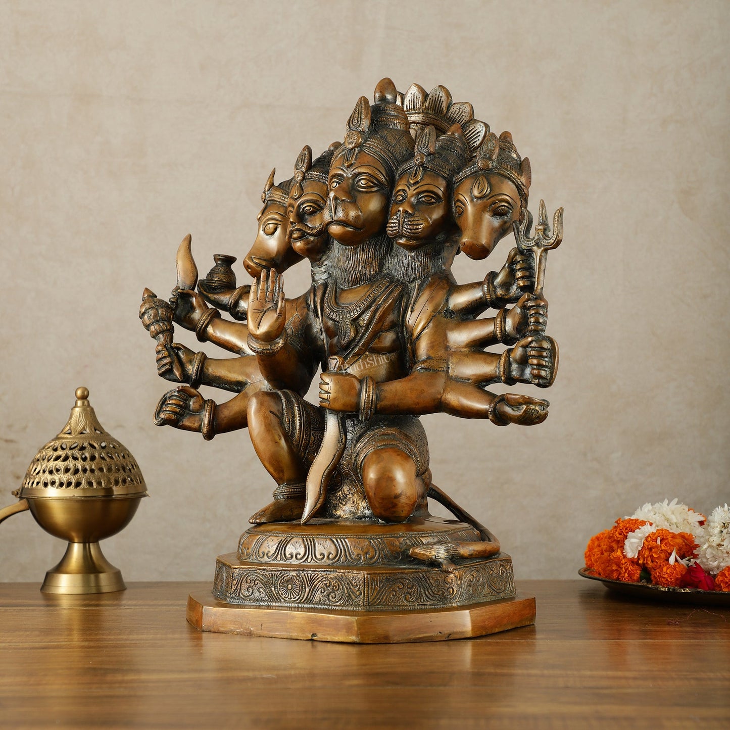 Large Pure Brass Panchmukhi Hanuman Statue – Copper Tone, 17 Inch - Budhshiv.com