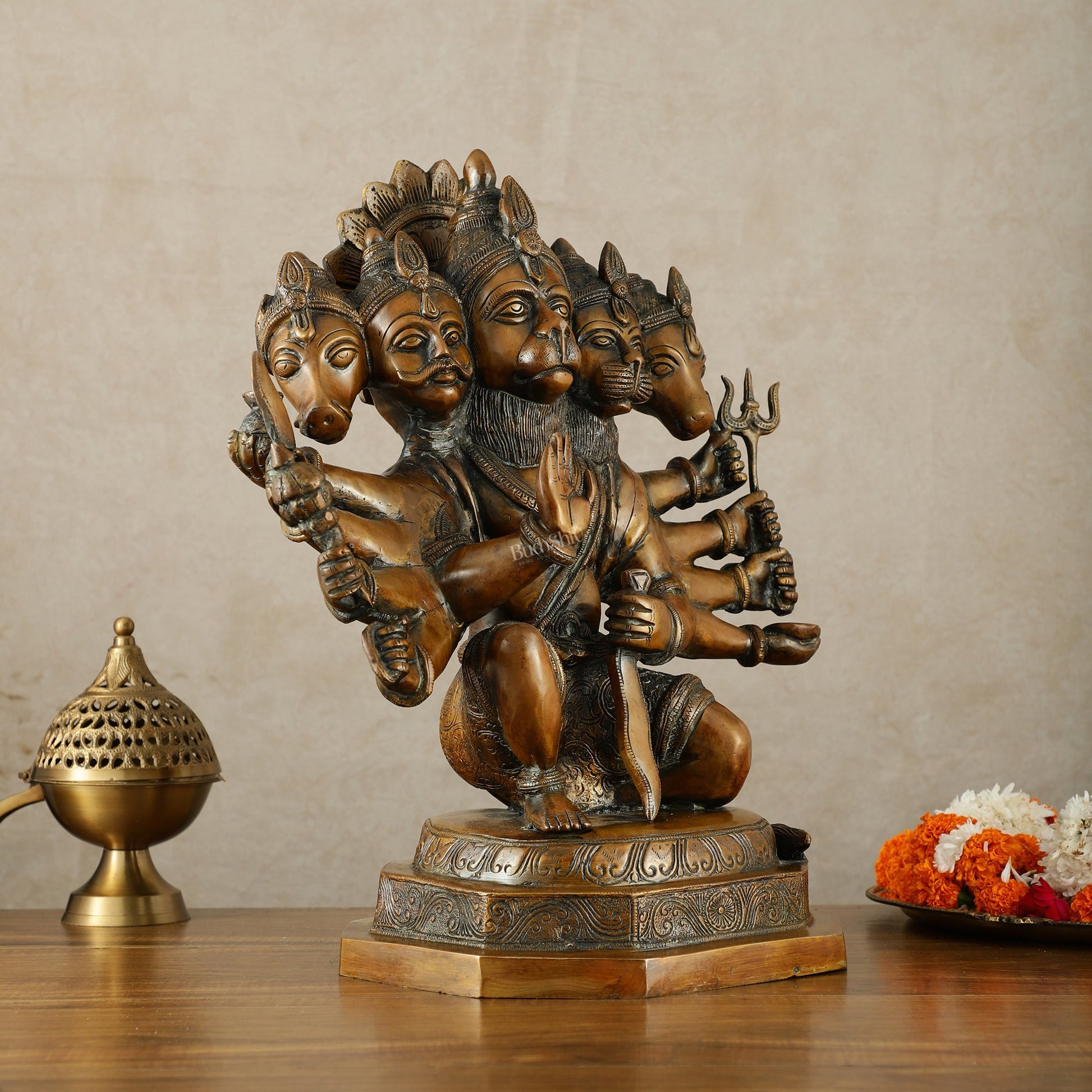 Large Pure Brass Panchmukhi Hanuman Statue – Copper Tone, 17 Inch - Budhshiv.com