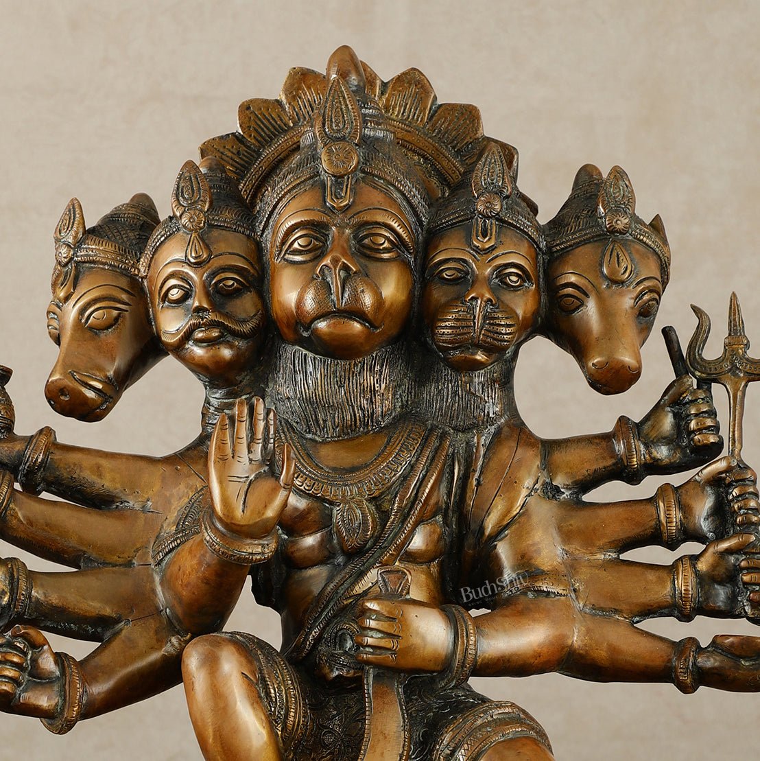 Large Pure Brass Panchmukhi Hanuman Statue – Copper Tone, 17 Inch - Budhshiv.com