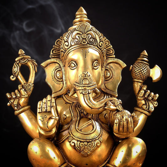 Large Pure Brass Superfine Ganesha and Lakshmi on Lotus Idols - 13.5" - Budhshiv.com