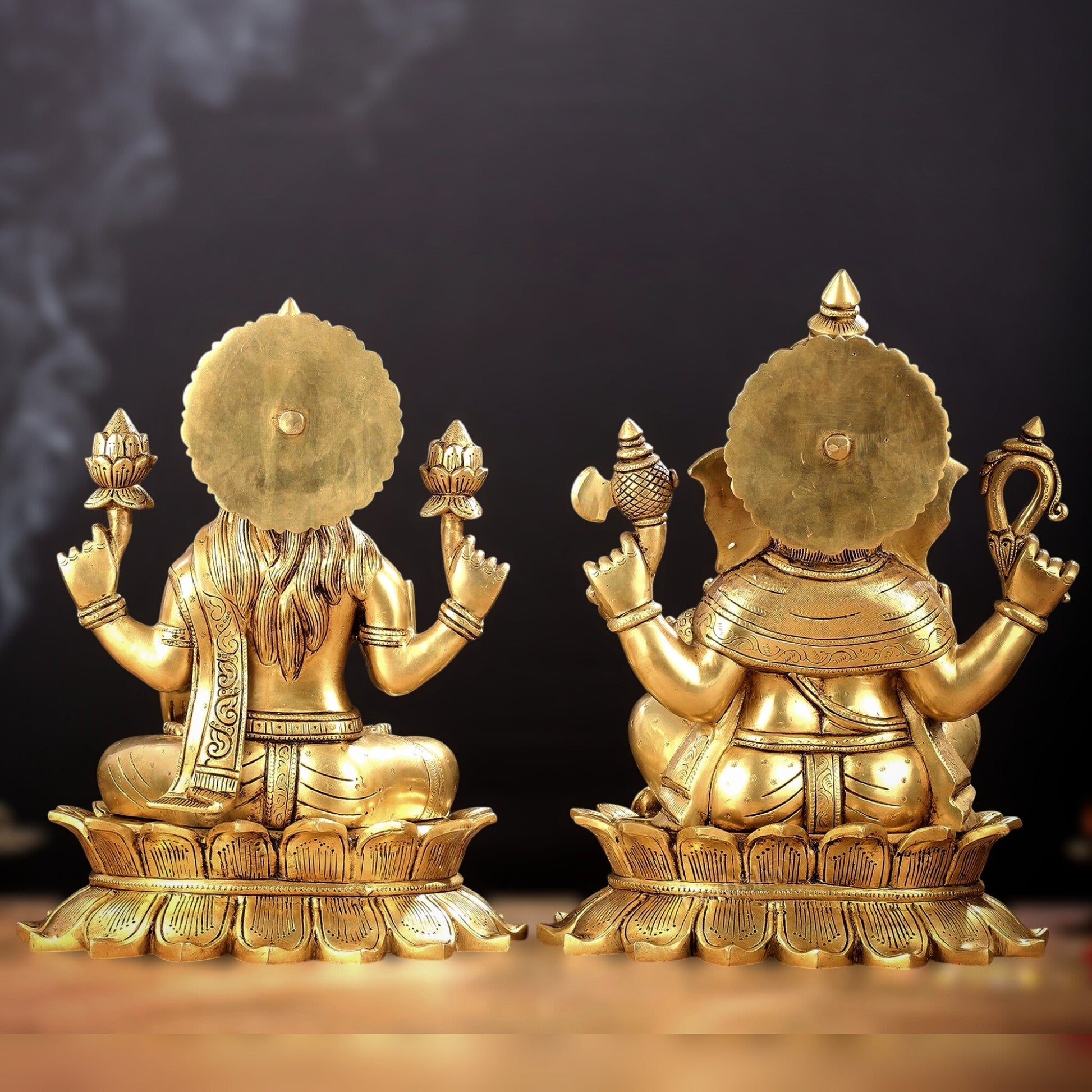 Large Pure Brass Superfine Ganesha and Lakshmi on Lotus Idols - 13.5" - Budhshiv.com