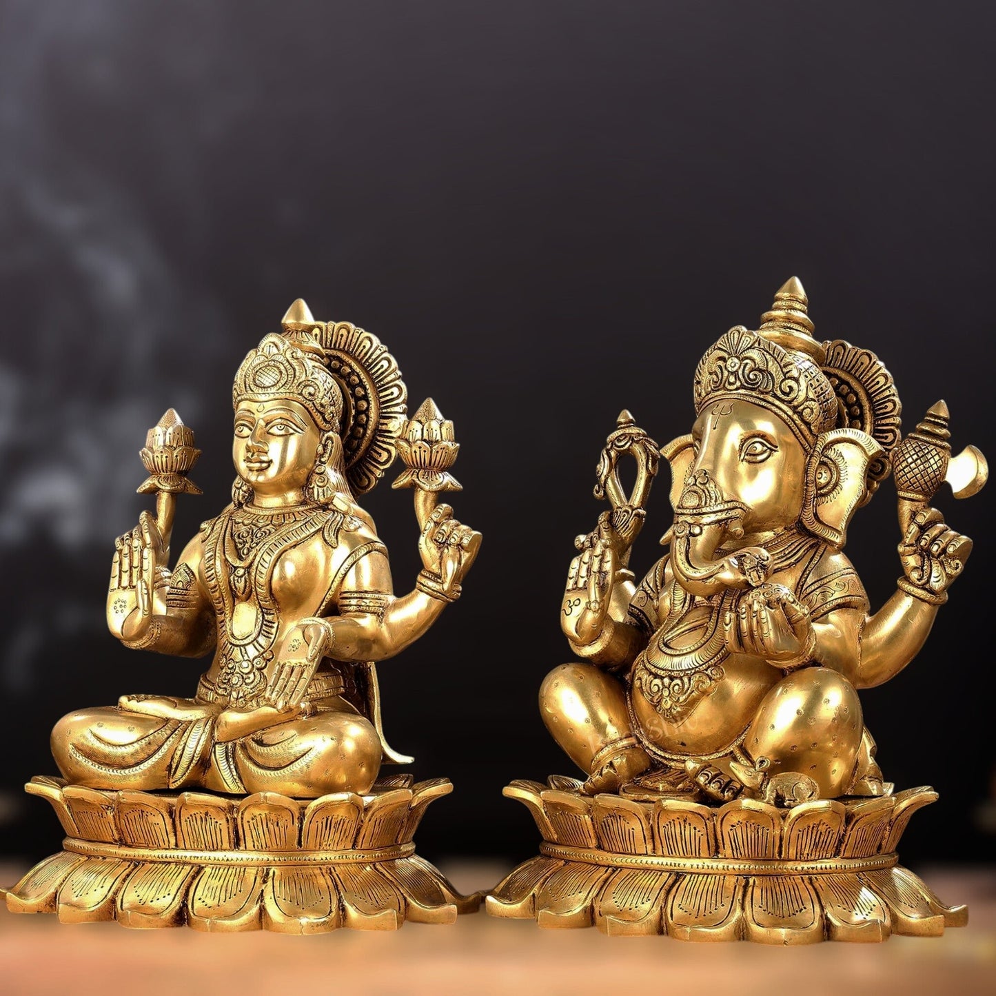 Large Pure Brass Superfine Ganesha and Lakshmi on Lotus Idols - 13.5" - Budhshiv.com