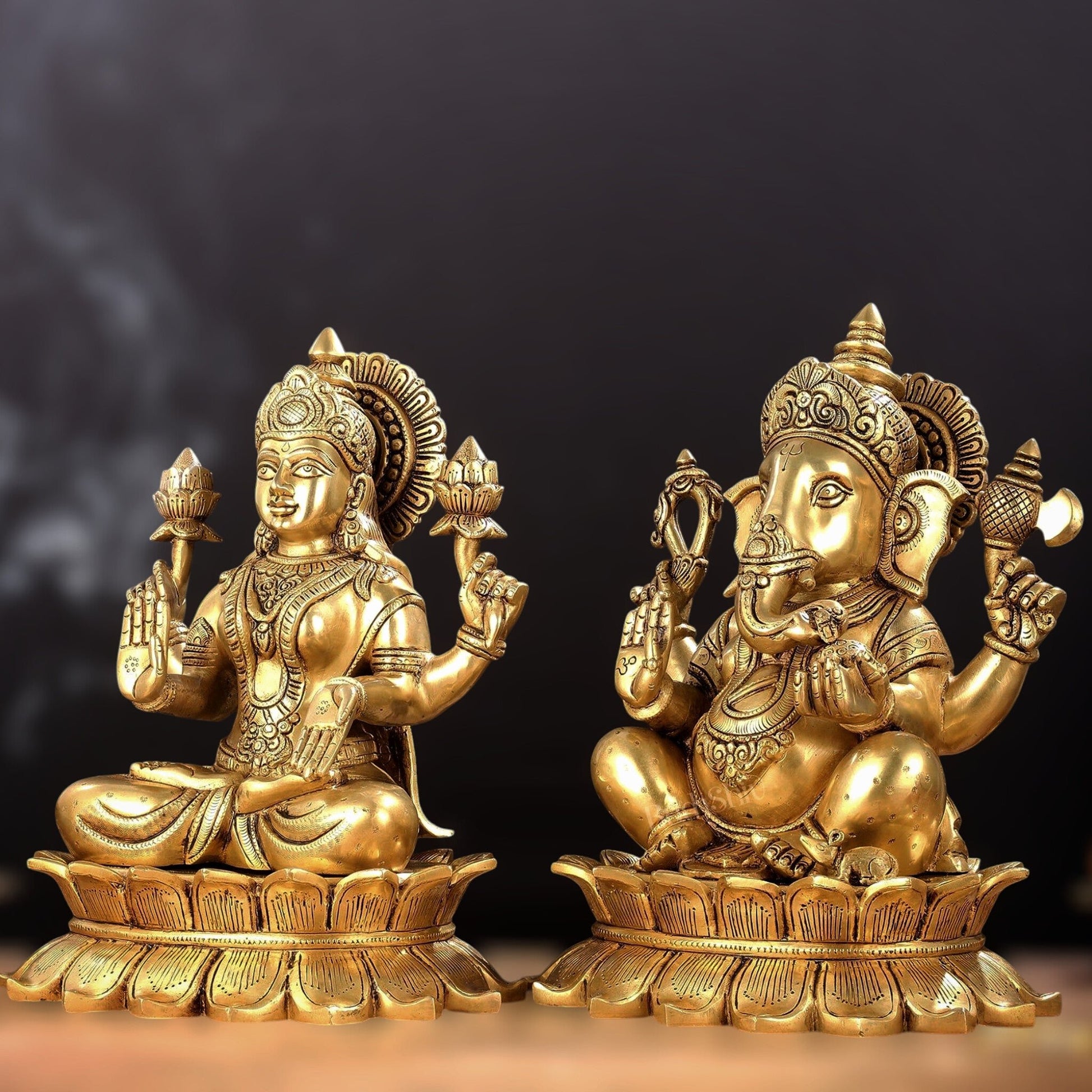 Large Pure Brass Superfine Ganesha and Lakshmi on Lotus Idols - 13.5" - Budhshiv.com