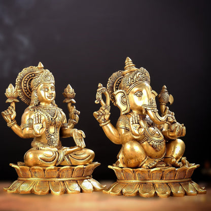 Large Pure Brass Superfine Ganesha and Lakshmi on Lotus Idols - 13.5" - Budhshiv.com