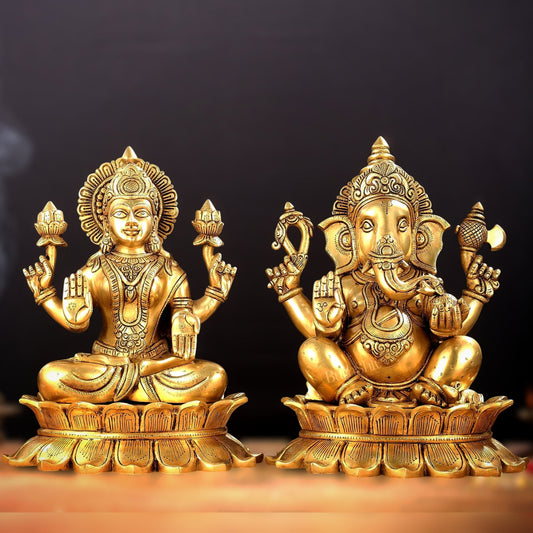 Large Pure Brass Superfine Ganesha and Lakshmi on Lotus Idols - 13.5" - Budhshiv.com