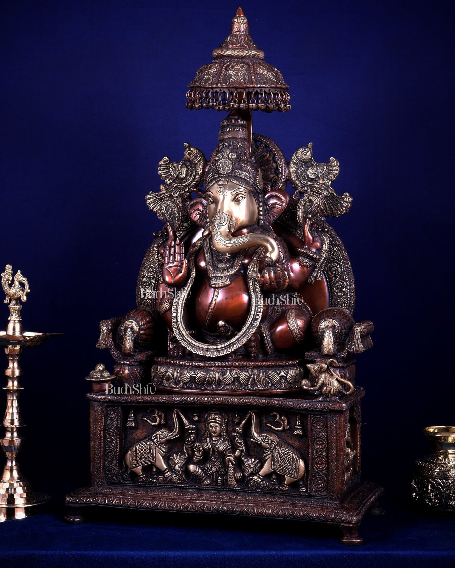 Large Superfine Brass Ganesha Seated on Throne with Gaja Lakshmi Carved Base 34 inch - Budhshiv.com