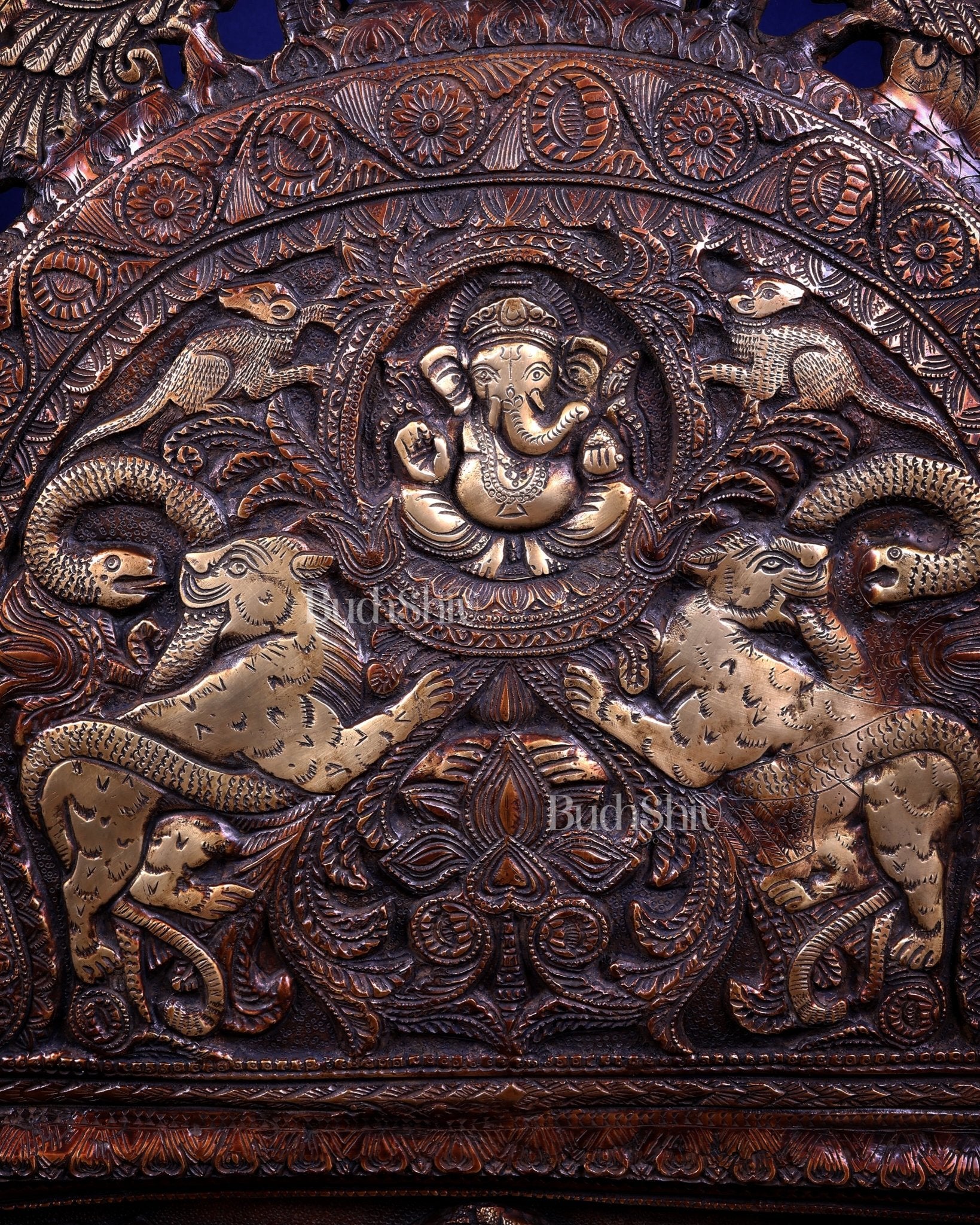 Large Superfine Brass Ganesha Seated on Throne with Gaja Lakshmi Carved Base 34 inch - Budhshiv.com