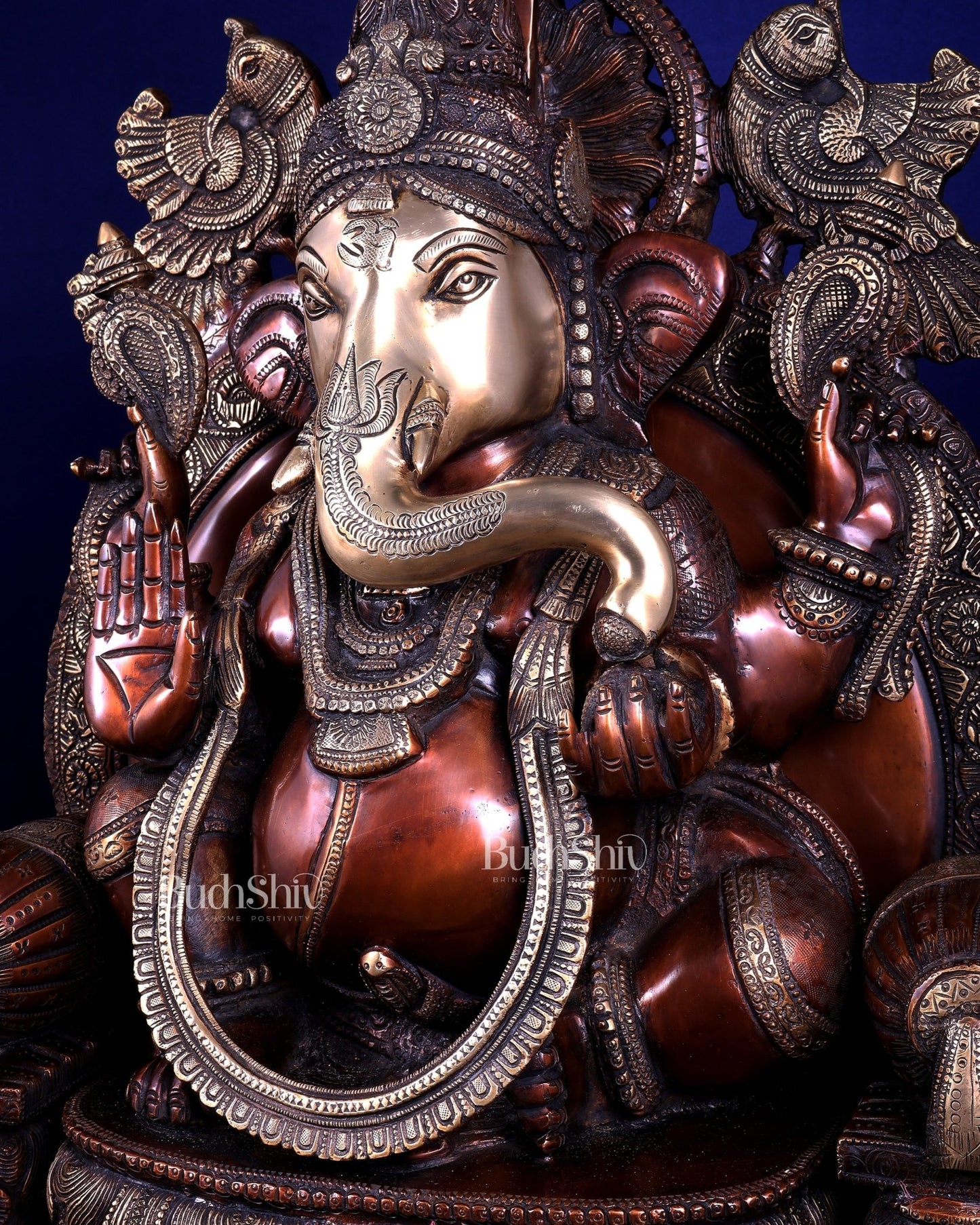 Large Superfine Brass Ganesha Seated on Throne with Gaja Lakshmi Carved Base 34 inch - Budhshiv.com