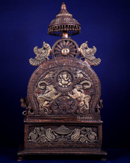 Large Superfine Brass Ganesha Seated on Throne with Gaja Lakshmi Carved Base 34 inch - Budhshiv.com