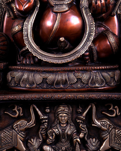 Large Superfine Brass Ganesha Seated on Throne with Gaja Lakshmi Carved Base 34 inch - Budhshiv.com