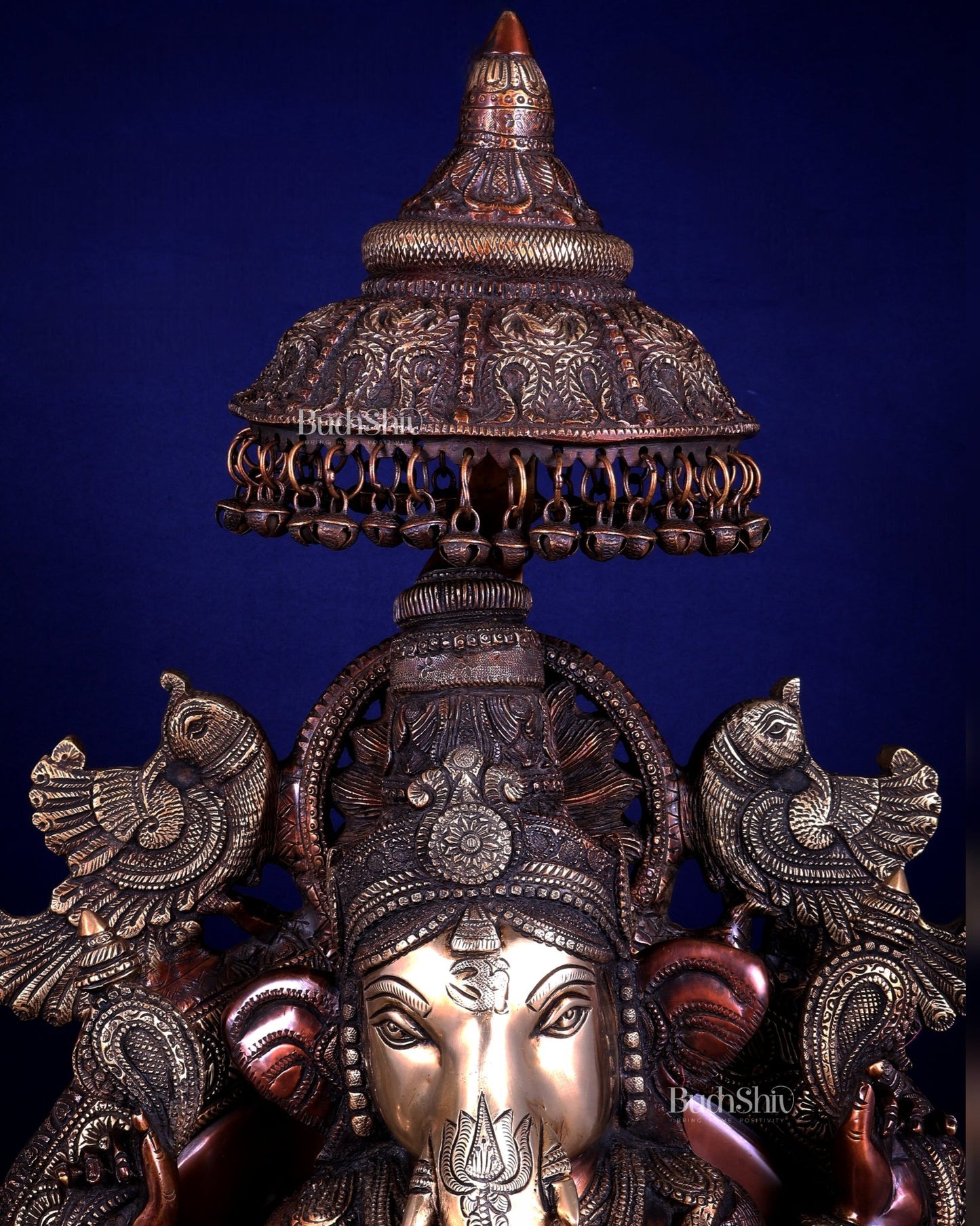 Large Superfine Brass Ganesha Seated on Throne with Gaja Lakshmi Carved Base 34 inch - Budhshiv.com