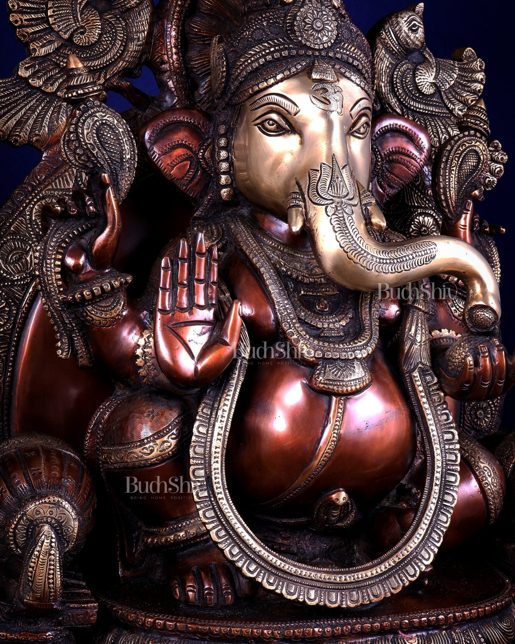 Large Superfine Brass Ganesha Seated on Throne with Gaja Lakshmi Carved Base 34 inch - Budhshiv.com