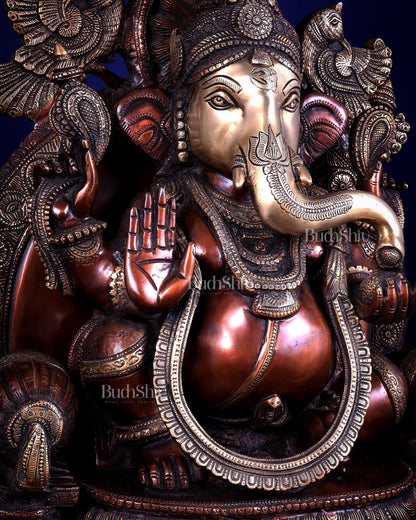Large Superfine Brass Ganesha Seated on Throne with Gaja Lakshmi Carved Base 34 inch - Budhshiv.com