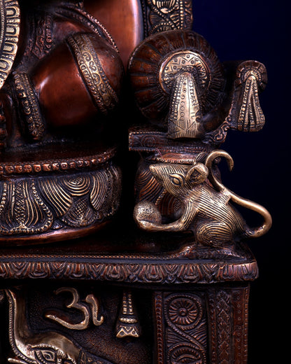 Large Superfine Brass Ganesha Seated on Throne with Gaja Lakshmi Carved Base 34 inch - Budhshiv.com
