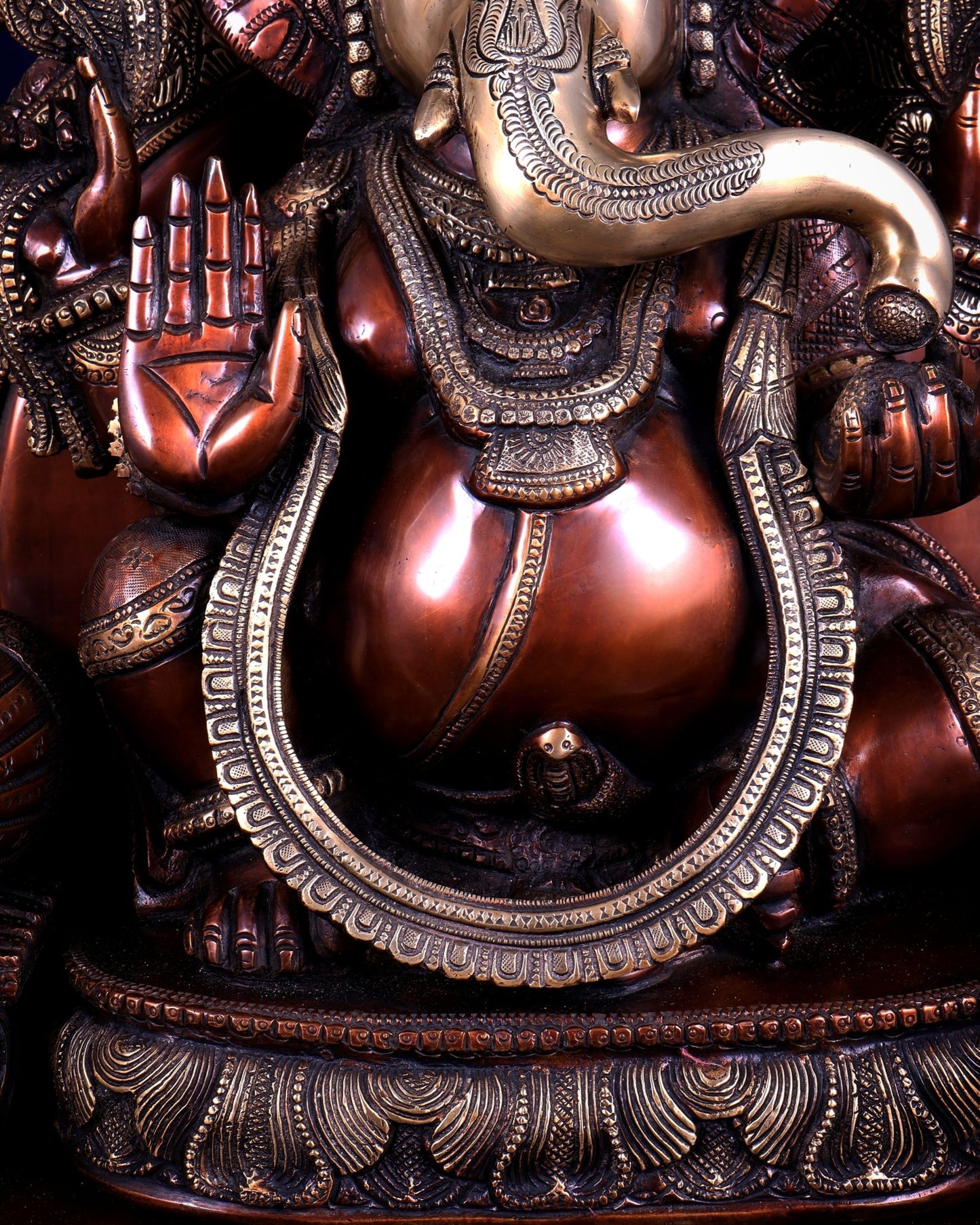 Large Superfine Brass Ganesha Seated on Throne with Gaja Lakshmi Carved Base 34 inch - Budhshiv.com