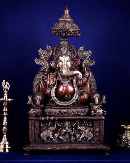 Large Superfine Brass Ganesha Seated on Throne with Gaja Lakshmi Carved Base 34 inch - Budhshiv.com