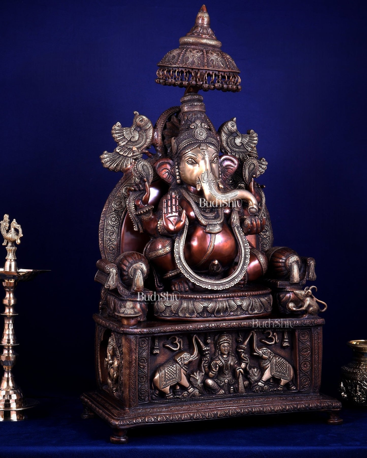 Large Superfine Brass Ganesha Seated on Throne with Gaja Lakshmi Carved Base 34 inch - Budhshiv.com