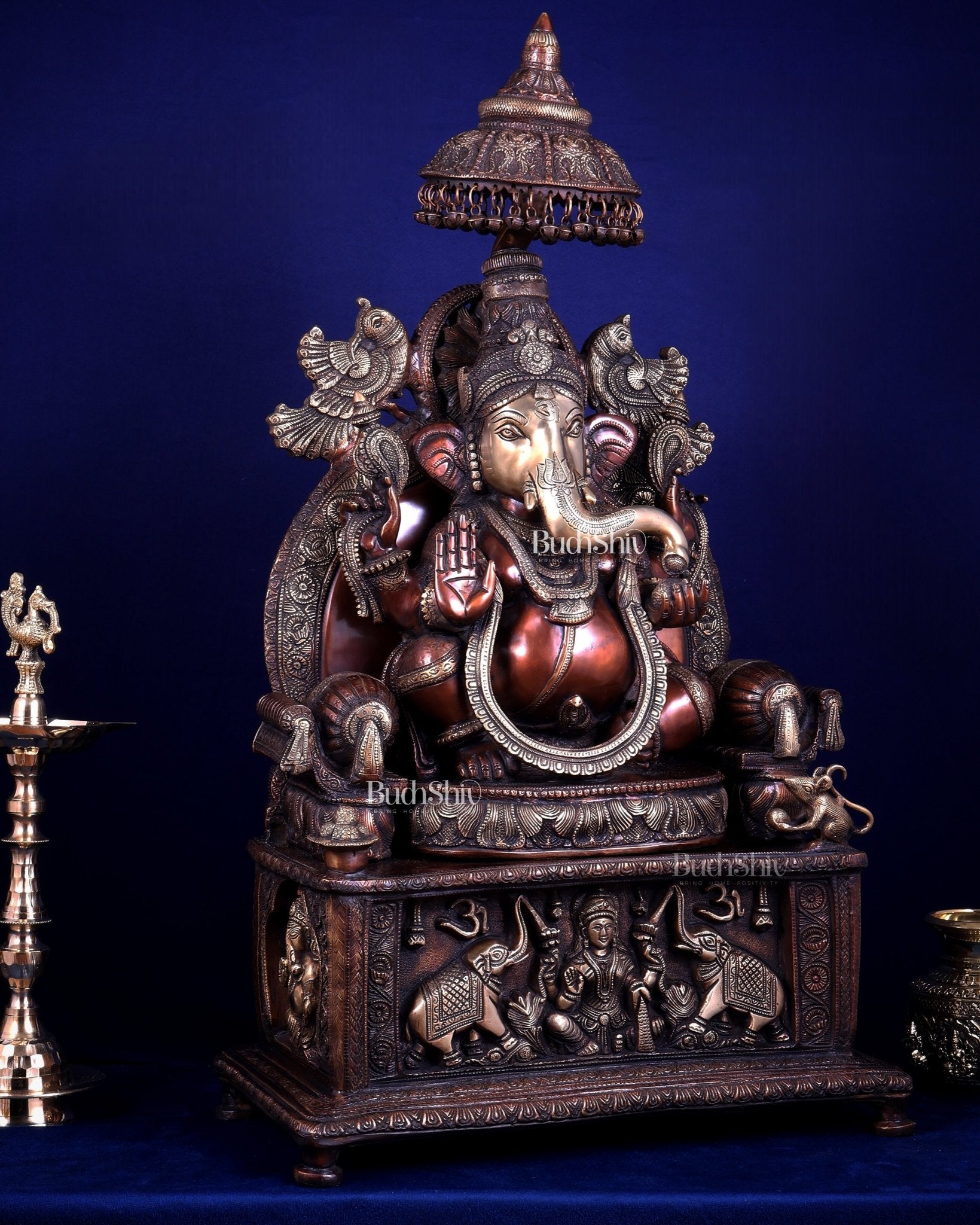 Large Superfine Brass Ganesha Seated on Throne with Gaja Lakshmi Carved Base 34 inch - Budhshiv.com
