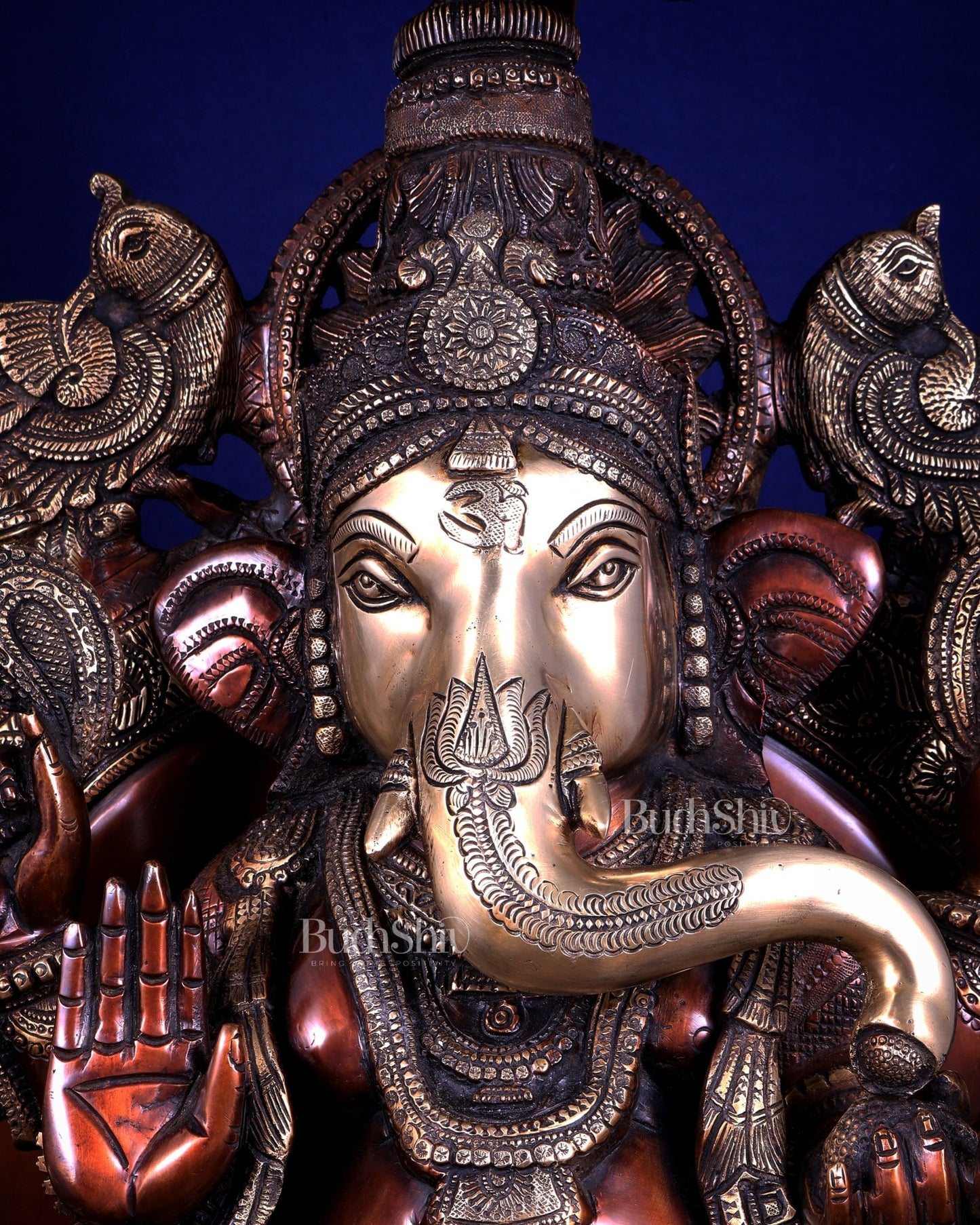 Large Superfine Brass Ganesha Seated on Throne with Gaja Lakshmi Carved Base 34 inch - Budhshiv.com