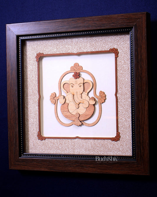 Lord Ganesha 3D Wood Carved Wall Hanging with Glass Frame - Budhshiv.com