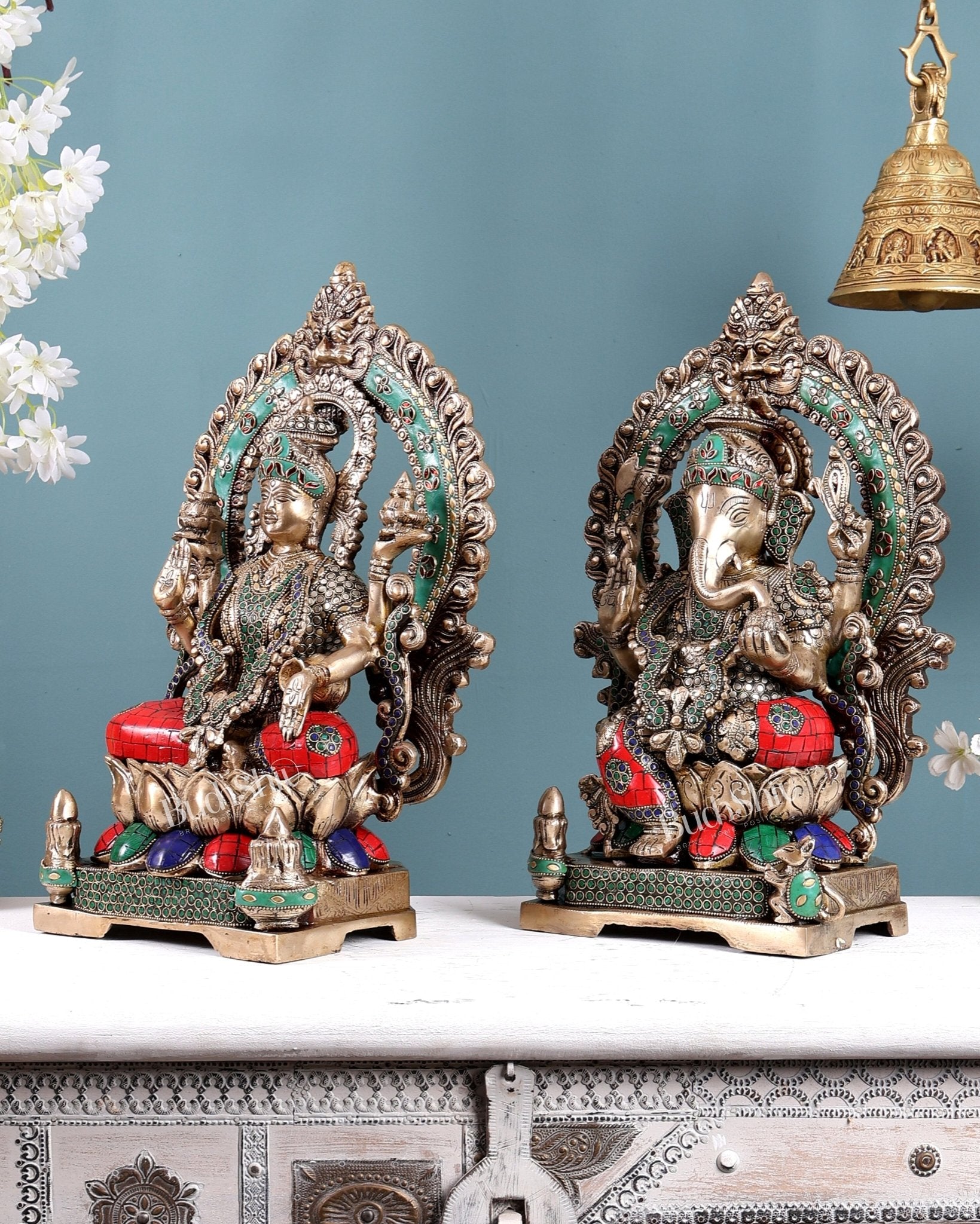 Lord Ganesha and Goddess Lakshmi Brass Statues - Height 18 inch with Stonework - Budhshiv.com